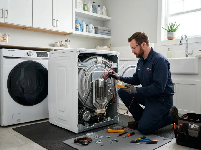 Appliance Repair Hero technician checking a dryer heating element with the rear panel off in Bloomingdale, IL