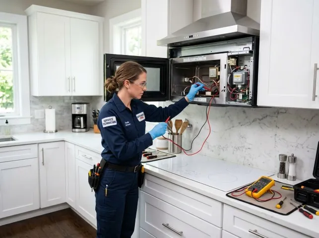 Appliance Repair Hero technician testing an over-the-range microwave in a Bloomingdale, IL kitchen