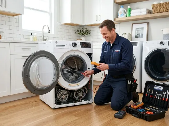 Appliance Repair Hero technician testing a front-load washer with a multimeter on a Bloomingdale, IL service call
